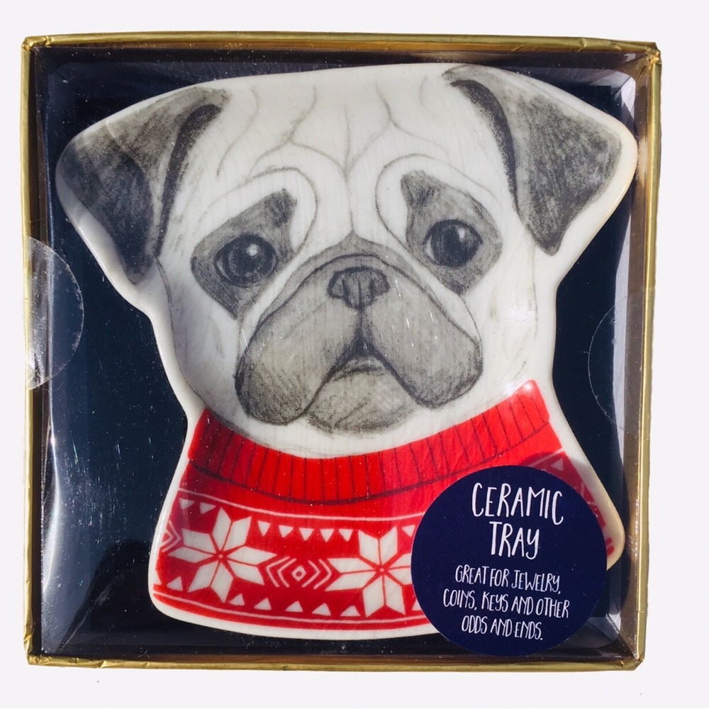 Pug Ceramic Trinket Tray with Red Holiday Sweater, Window Boxed